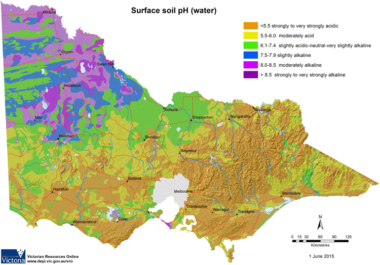 Map of Victoria showing surface soil pH levels vary accross the state