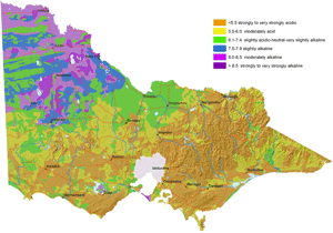 Map of Victoria showing surface soil pH levels vary accross the state