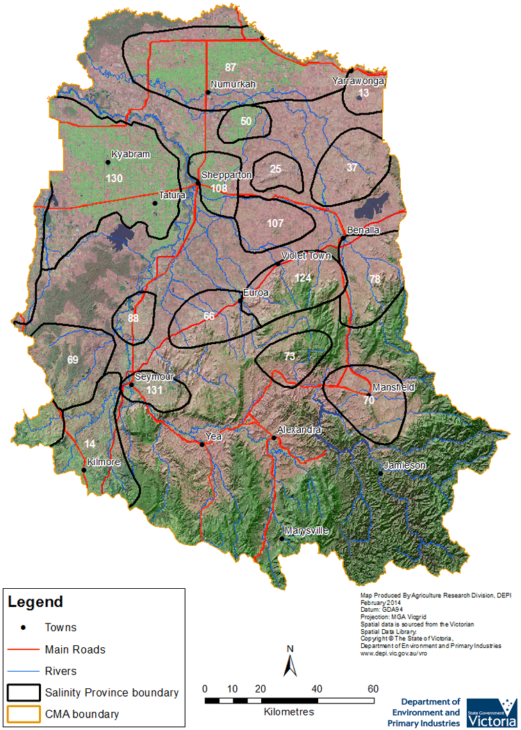 Map of Goulburn Broken CMA Region with Salinity Provinces mapped 