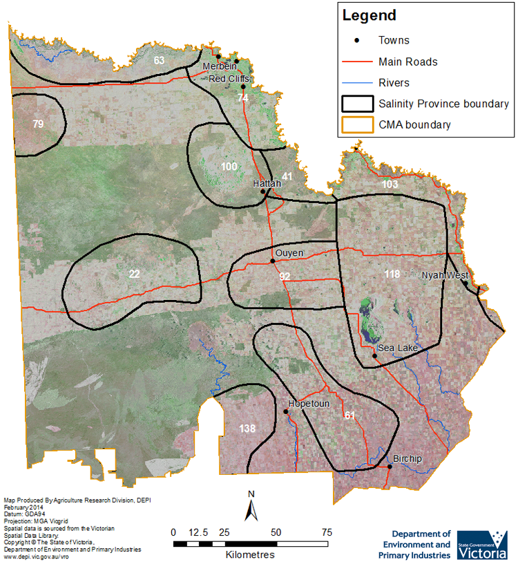 Map of Mallee CMA Region with Salinity Provinces mapped