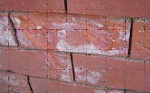 Mechanical breakdown of brickwork caused by rising damp and the growth of salt crystals.
