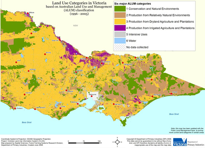 Land Use Categories in Victoria, based on Australian Land Use and Management (ALUM) classification (1996 – 2005). Six major ALUM categories – 1. Conservation and Natural Environments 2. Production from relatively Natural Environments, 3. Production from Dryland Agriculture and Plantations, 4. Production from Irrigated Agricultural and Plantations, 5. Intensive Uses, 6. Water and No data collected.