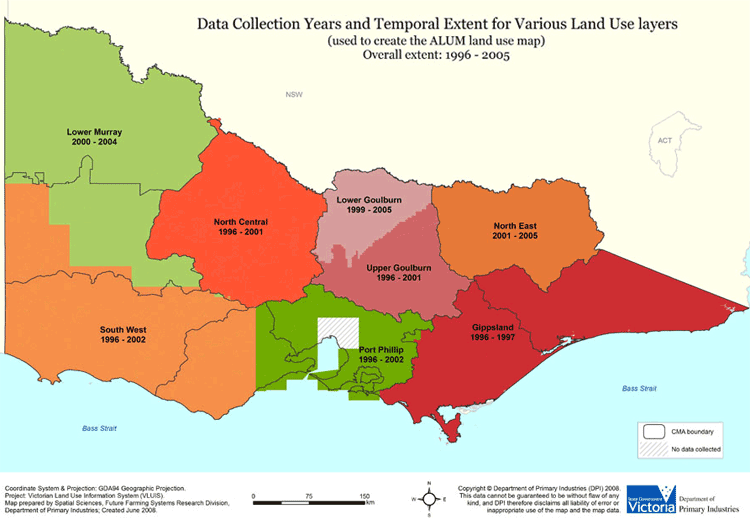 Data Collection Years and Temporal Extent for Various Land Use layers (used to create the ALUM land use map) Overall extent: 1996 - 2005