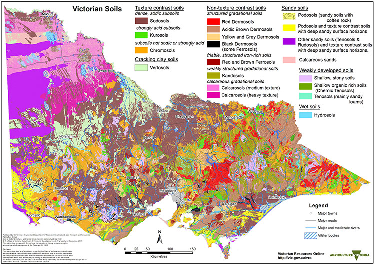 Map of Victoria showing the Australian soils classifications across the state 2014.