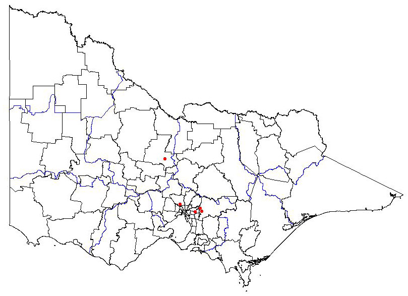 map showing the present distribution of arundo donax