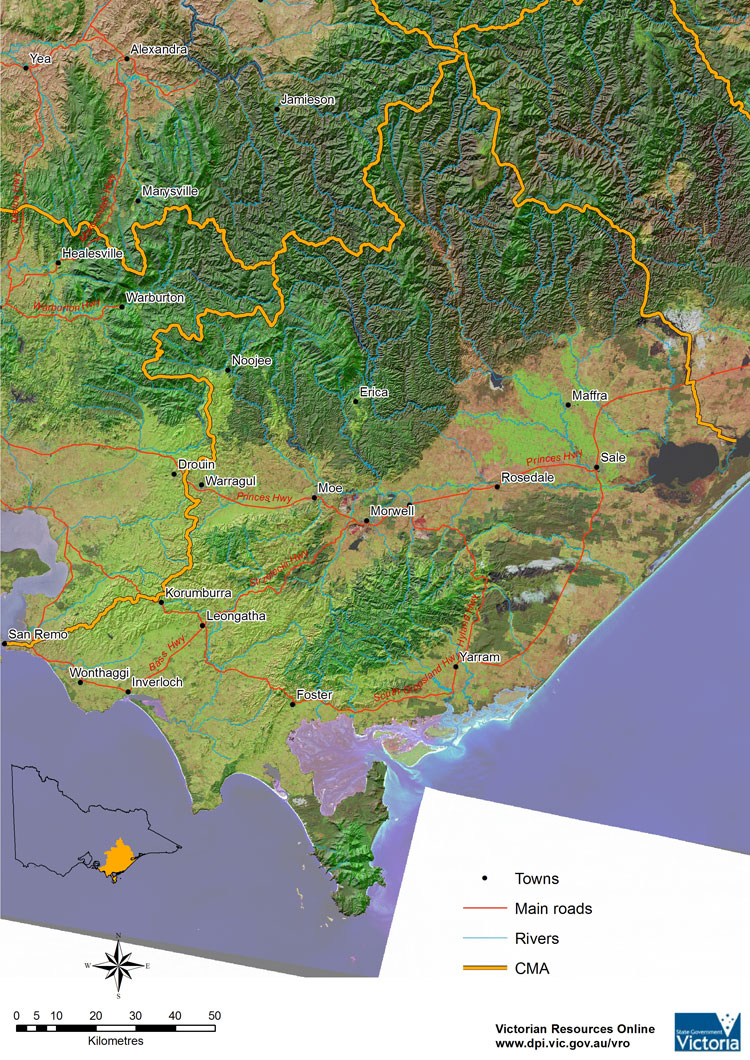 Oblique aerial overview of West Gippsland catchment management region showing towns, major roads, rivers, major landform features and land use.