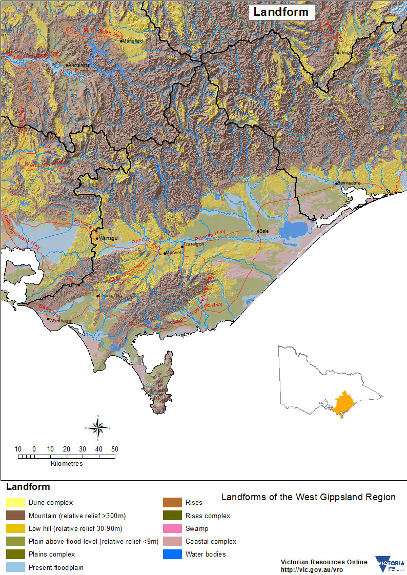 Map showing the landforms of west gippsland
